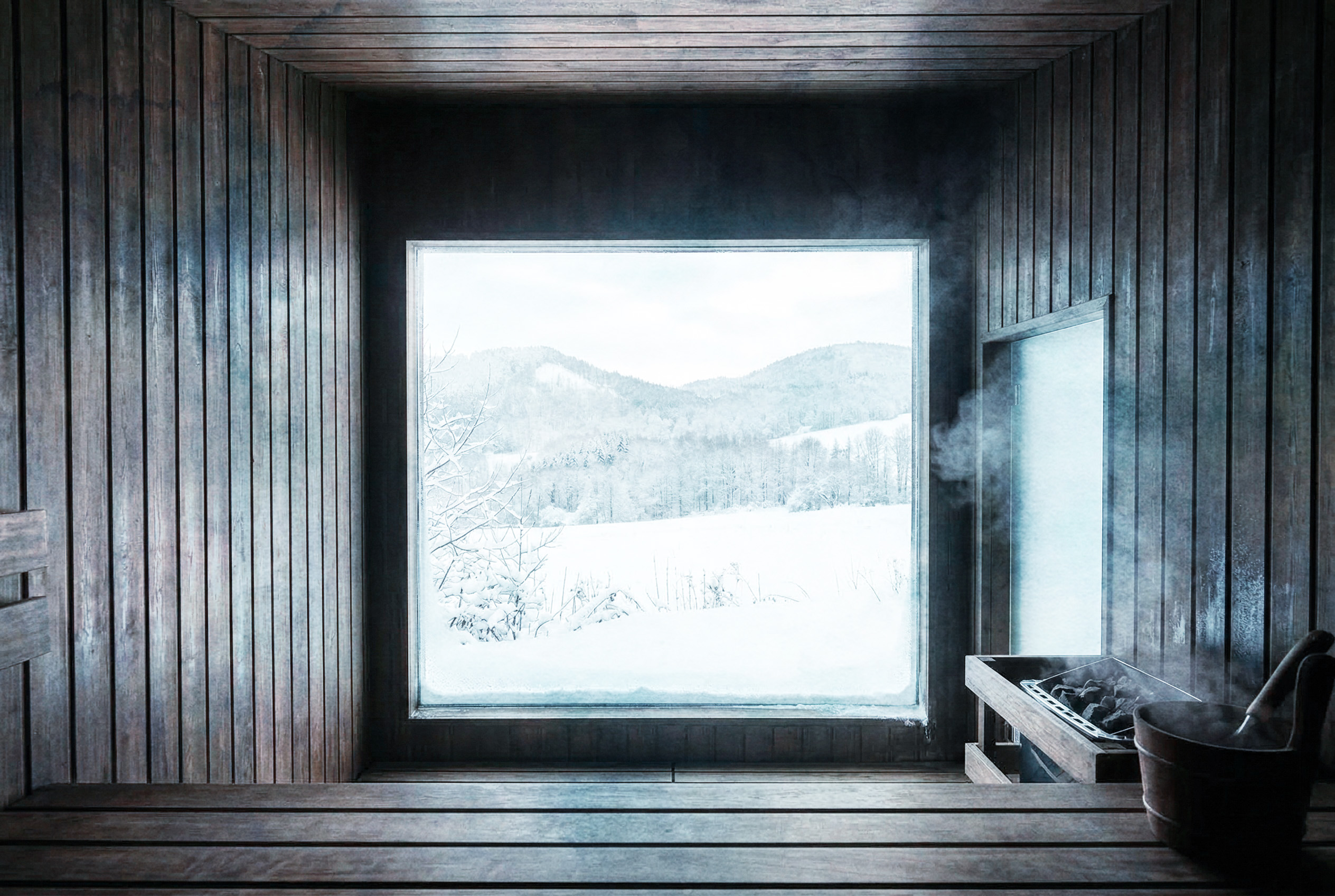 Sauna der Heymannbaude – Innenraum mit Blick in die Landschaft
