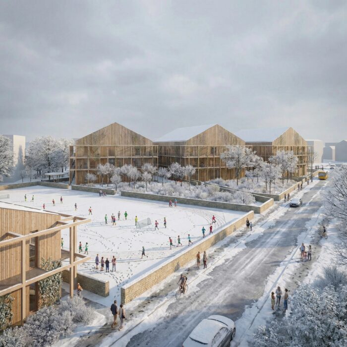 Schule Rathenow – Winterperspektive – il centro Schule Rathenow im Winter – Entwurf mit Holzbauten und Sportplatz