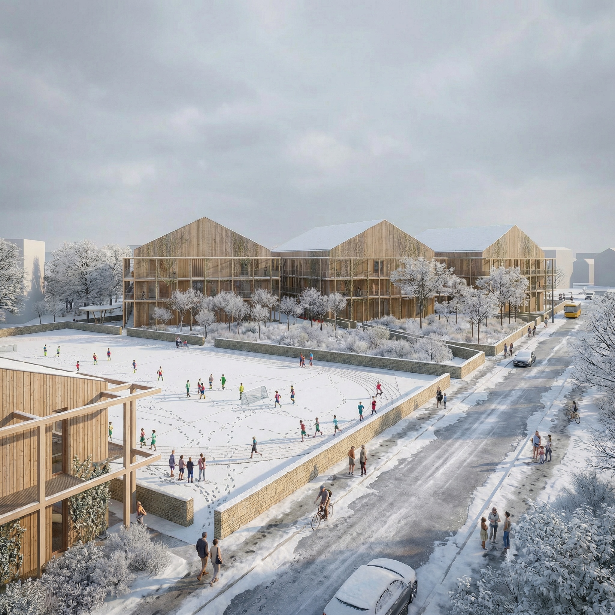 Schule Rathenow im Winter – Entwurf mit Holzbauten und Sportplatz