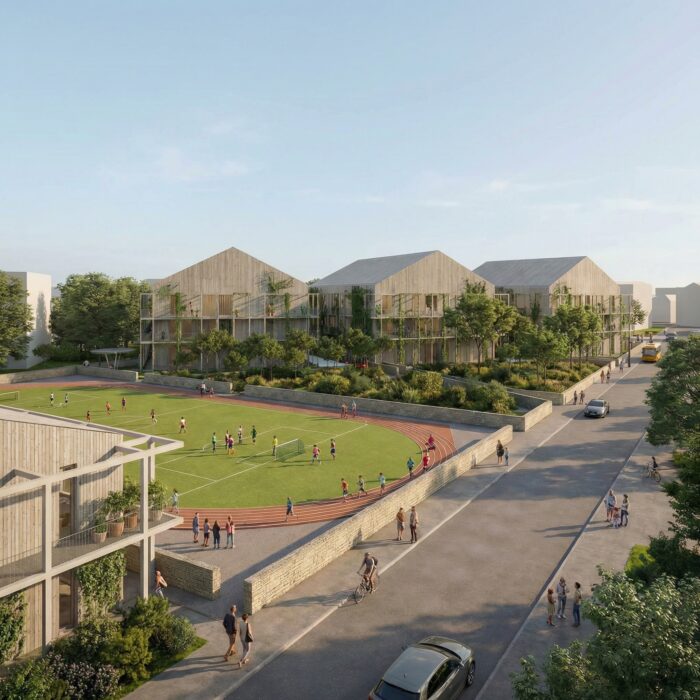 Schule Rathenow – Außenperspektive – il centro Entwurf für eine Schule in Rathenow mit begrünten Holzbauten und Sportplatz